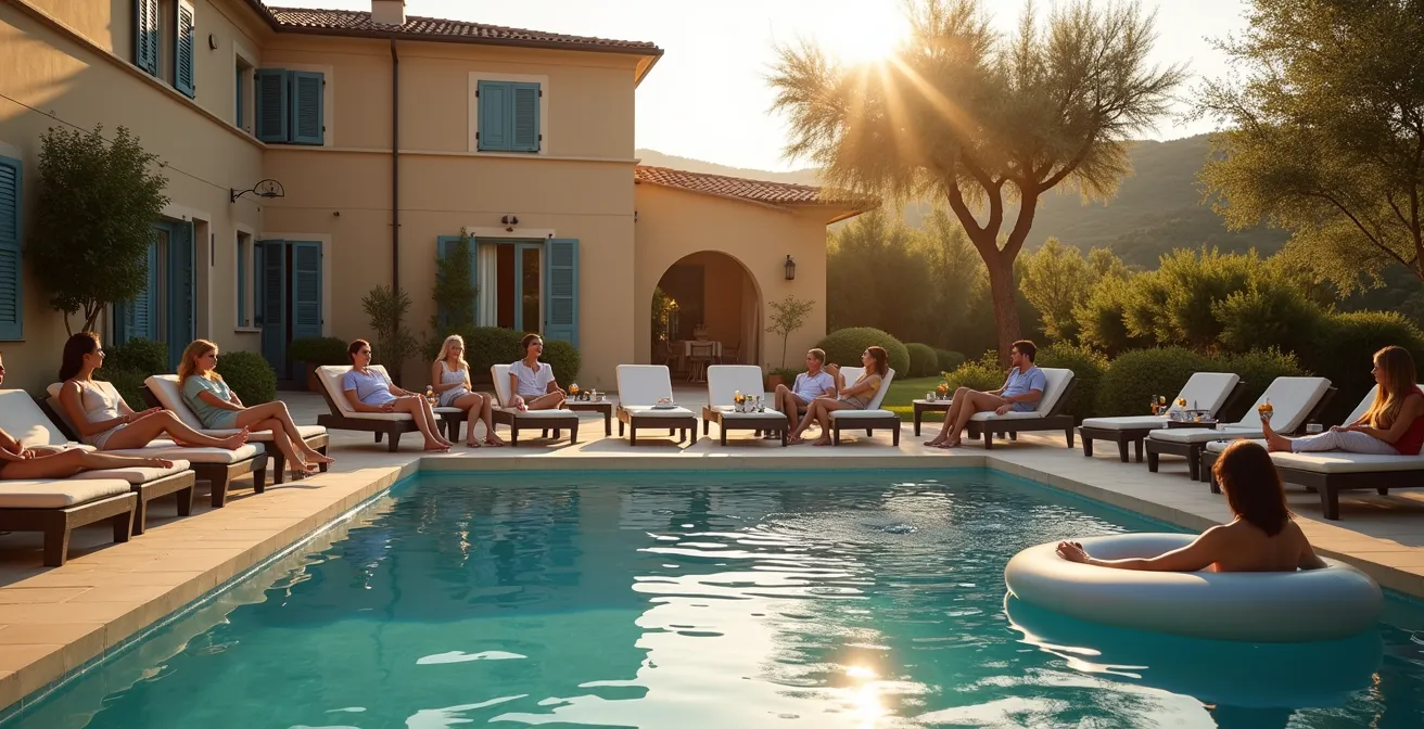 Groupe d'amis se relaxant autour d'une piscine de villa en fin d'après-midi