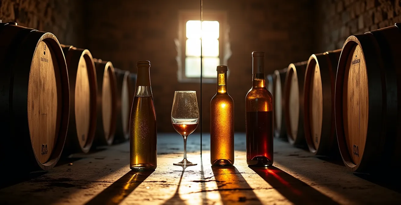 Comparaison visuelle entre bouteilles primeurs et millésimes établis dans une cave professionnelle