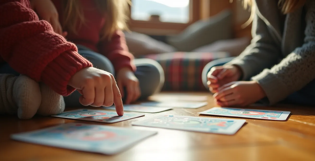 Intérieur cosy d'appartement de montagne avec enfants jouant calmement aux cartes près de la fenêtre