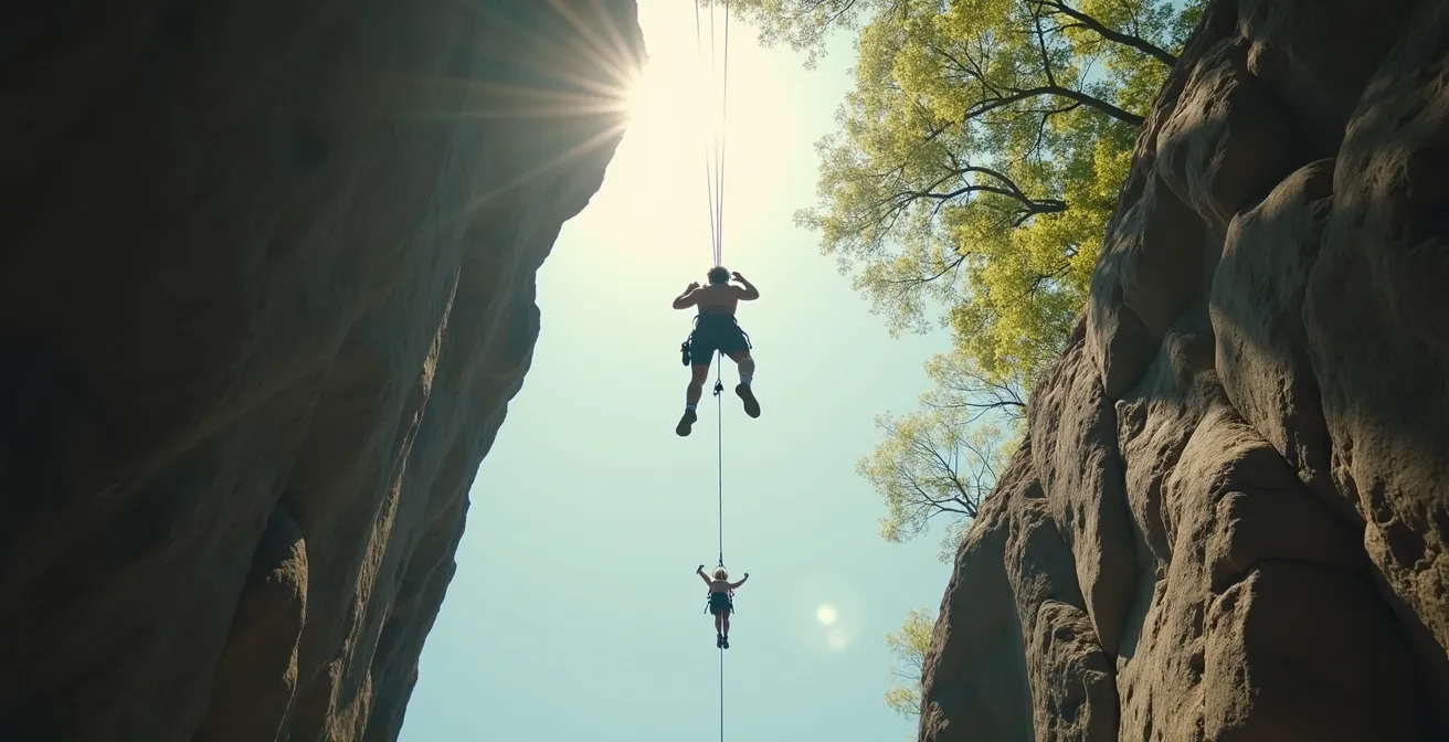 Assureur et grimpeur en pleine communication, échange de regards confiants avant une chute contrôlée