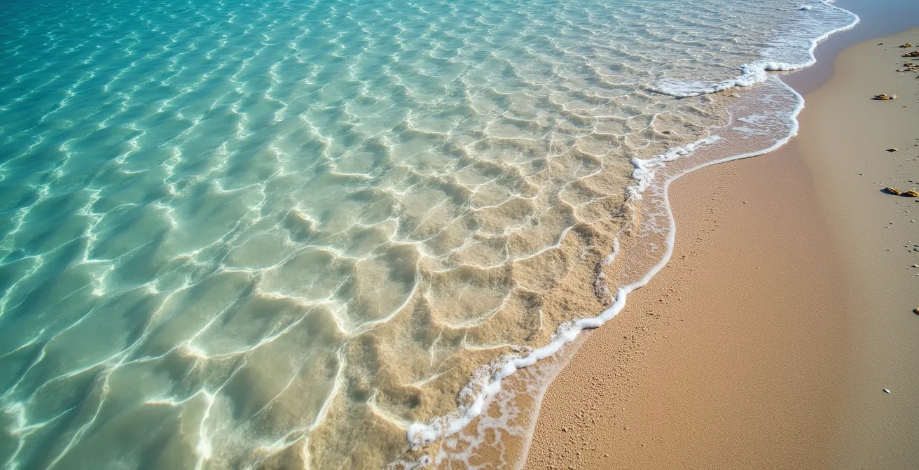 Vue aérienne macro d'une formation de baïne avec les courants visibles dans l'eau turquoise
