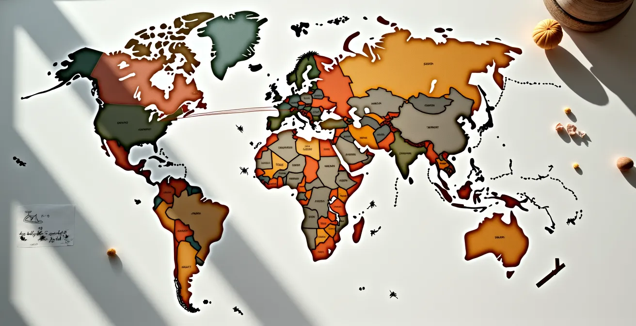 Vue aérienne d'une carte de voyage avec épingles et fil rouge traçant un parcours