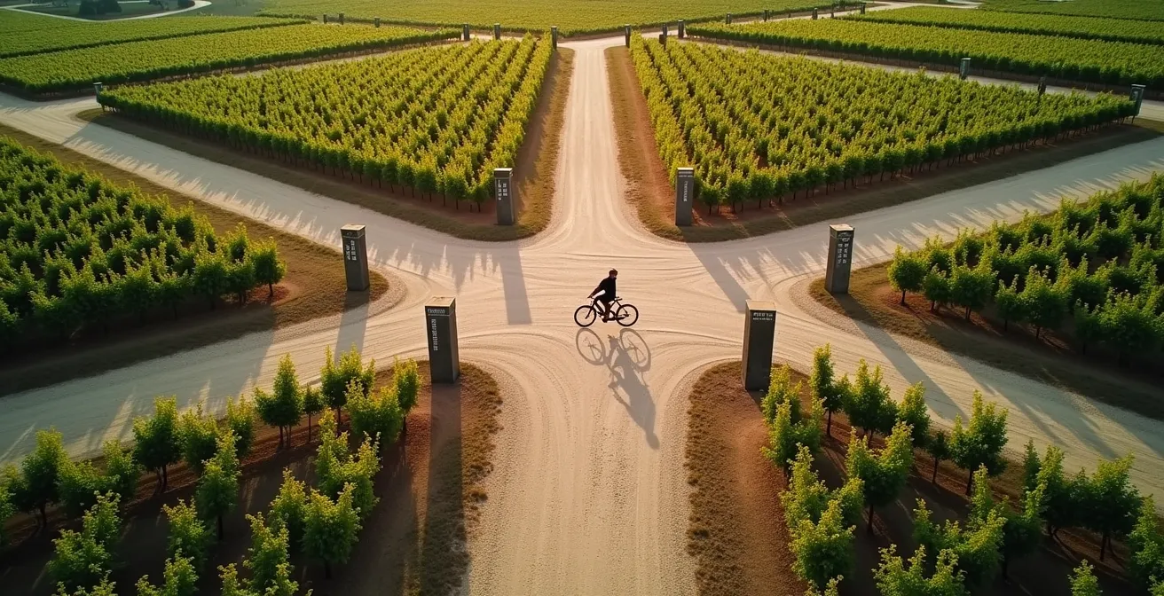 Vue aérienne d'un carrefour viticole avec panneaux directionnels vers différentes appellations