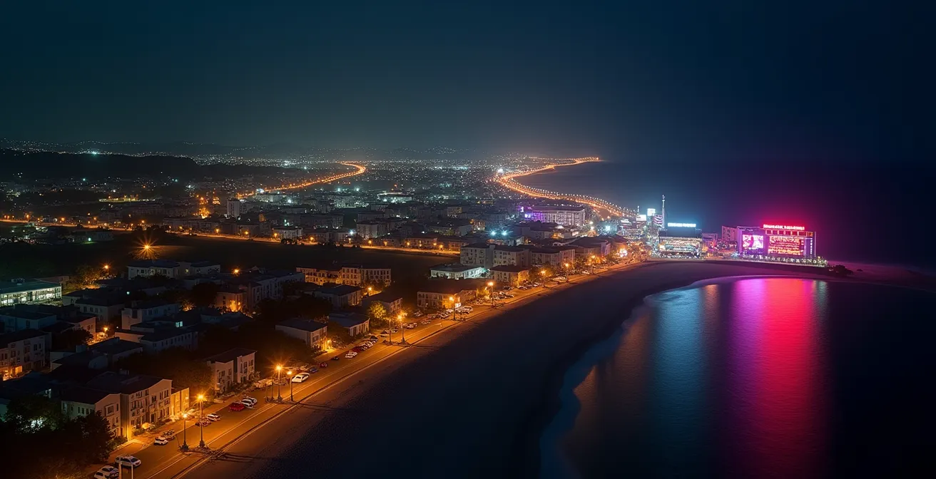 Vue aérienne nocturne d'une station balnéaire montrant les zones calmes et festives avec éclairage contrasté