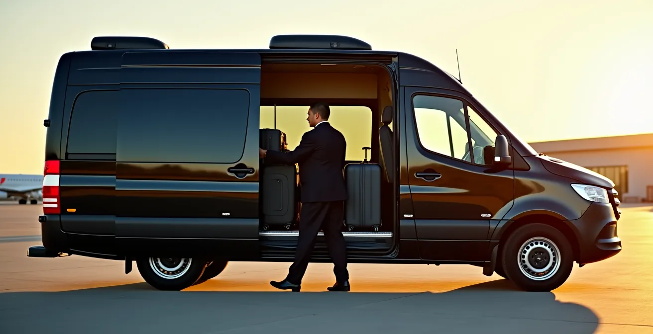 Chauffeur professionnel chargeant des bagages dans le coffre spacieux d'un van