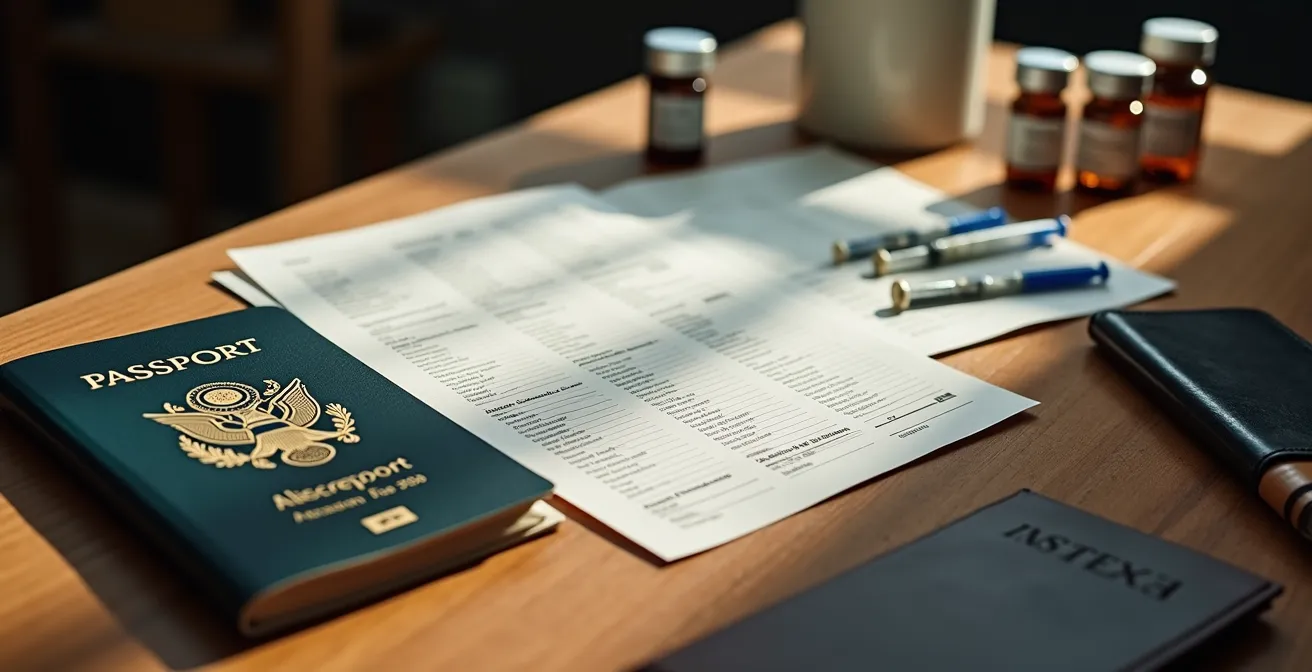 Timeline visuelle des formalités de voyage avec documents administratifs