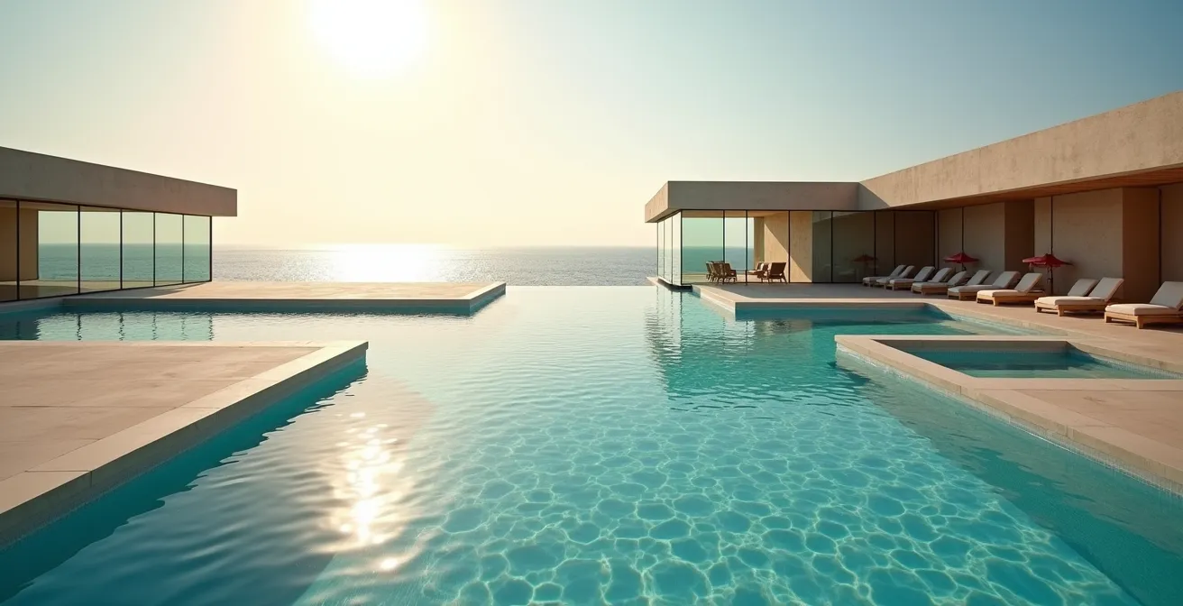 Vue aérienne d'un centre de thalassothérapie en bord de mer avec bassins d'eau de mer et espaces de soins