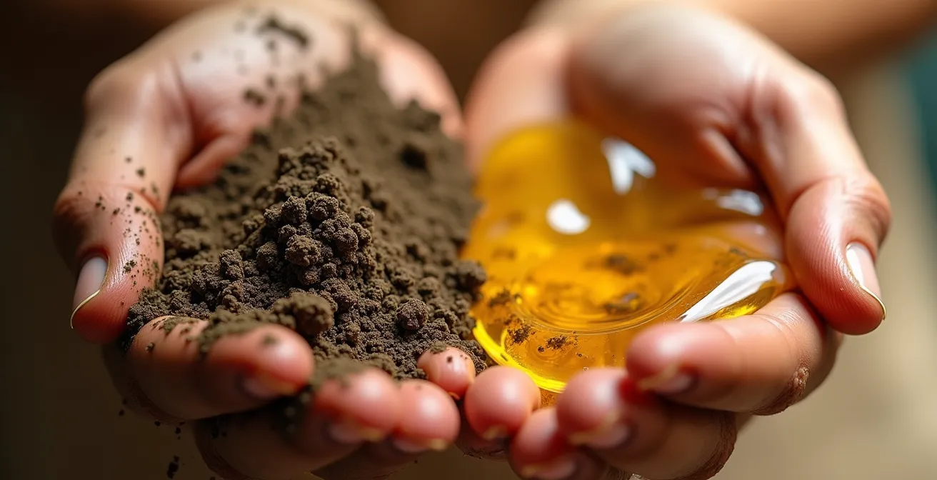 Gros plan macro sur des mains appliquant de la boue thermale et des huiles ayurvédiques, montrant les textures contrastées des deux approches thérapeutiques
