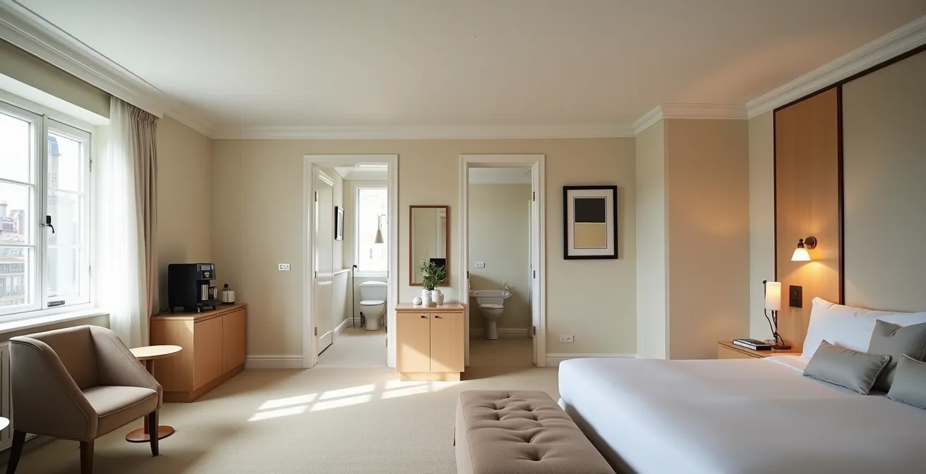 Vue divisée montrant une suite spacieuse d'un côté et deux chambres communicantes de l'autre