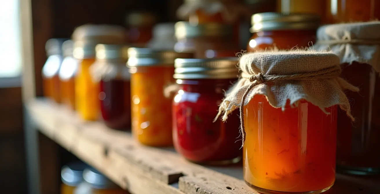 Étalage de conserves artisanales dans une ferme avec étiquettes manuscrites