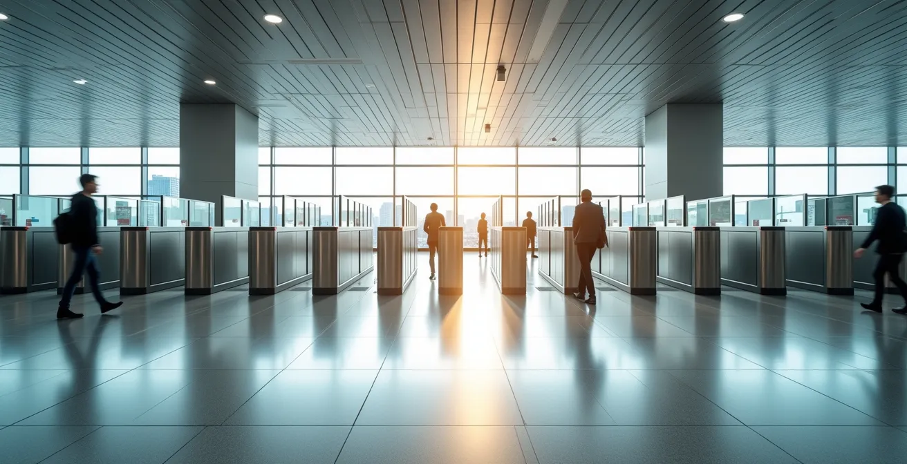 Passage fluide et rapide aux portiques de sécurité d'une gare TGV moderne