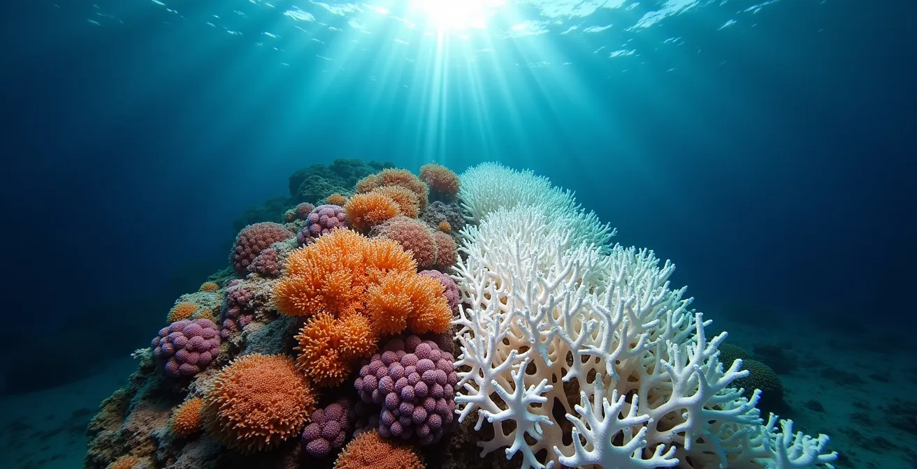 Contraste saisissant entre corail coloré vivant et corail blanchi sur le même récif