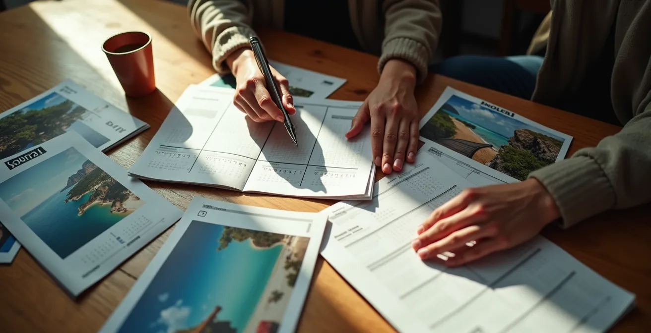 Couple assis côte à côte consultant ensemble un calendrier mural avec des photos de destinations