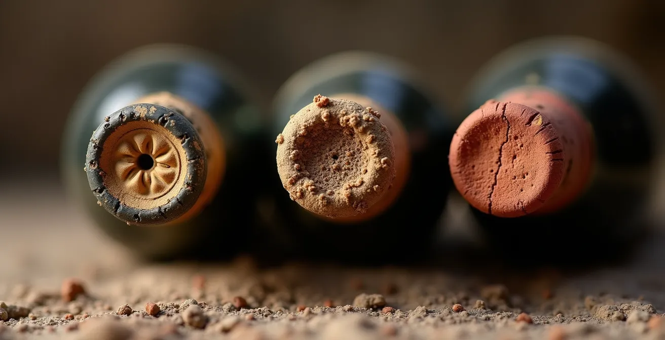 Alignement de trois bouteilles identiques de millésimes différents montrant l'évolution du vieillissement