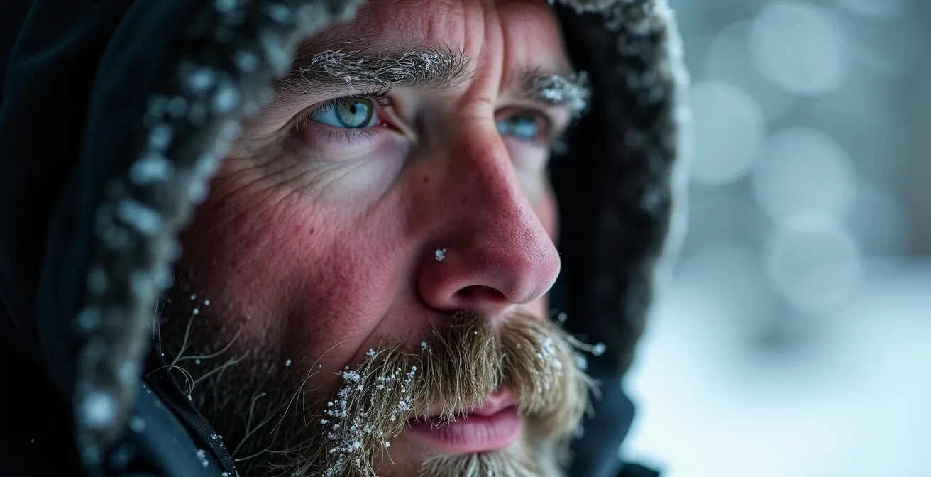 Gros plan sur un visage marqué par le froid et l'épuisement, illustrant l'impact du stress thermique sur la cognition