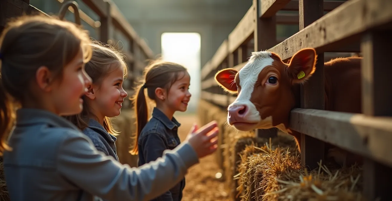 Enfants observant avec émerveillement des animaux dans une étable traditionnelle