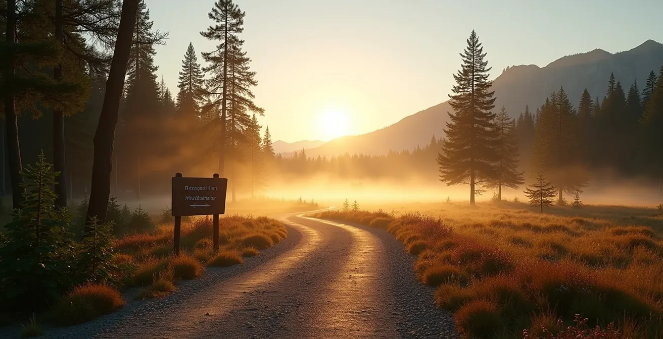 Vue panoramique d'un parc national au lever du soleil avec un sentier sinueux et une végétation luxuriante préservée.