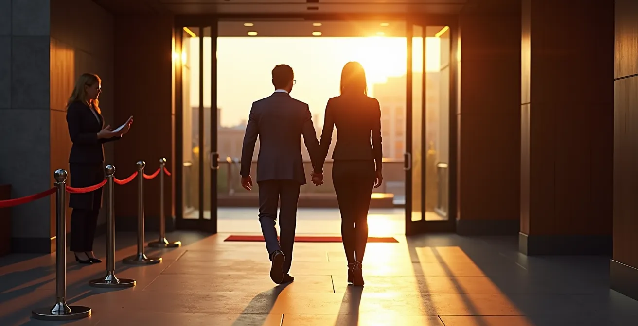 Entrée élégante d'un rooftop avec hôtesse d'accueil professionnelle