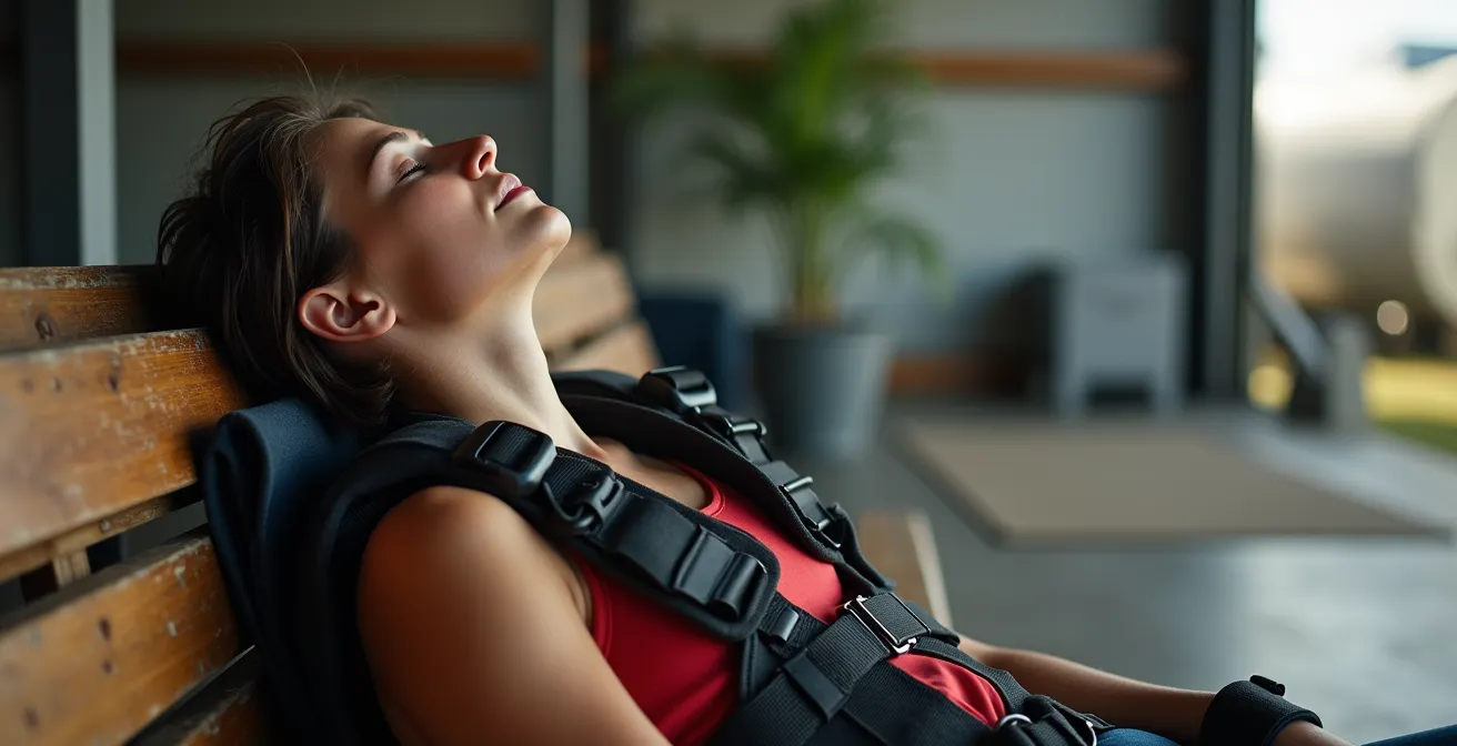 Portrait en plan serré d'une personne assise, visiblement épuisée mais sereine après une expérience intense, dans un environnement apaisant