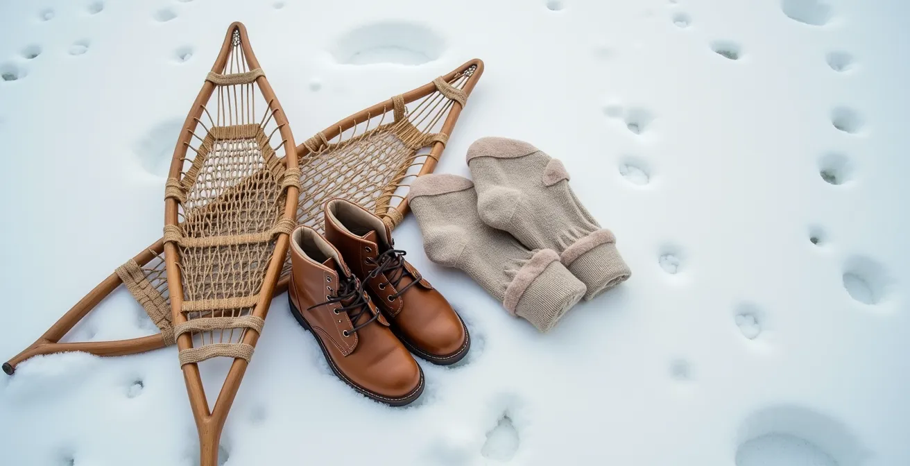 Équipement d'hiver minimaliste et durable disposé sur neige fraîche, bottes et raquettes sans marques visibles