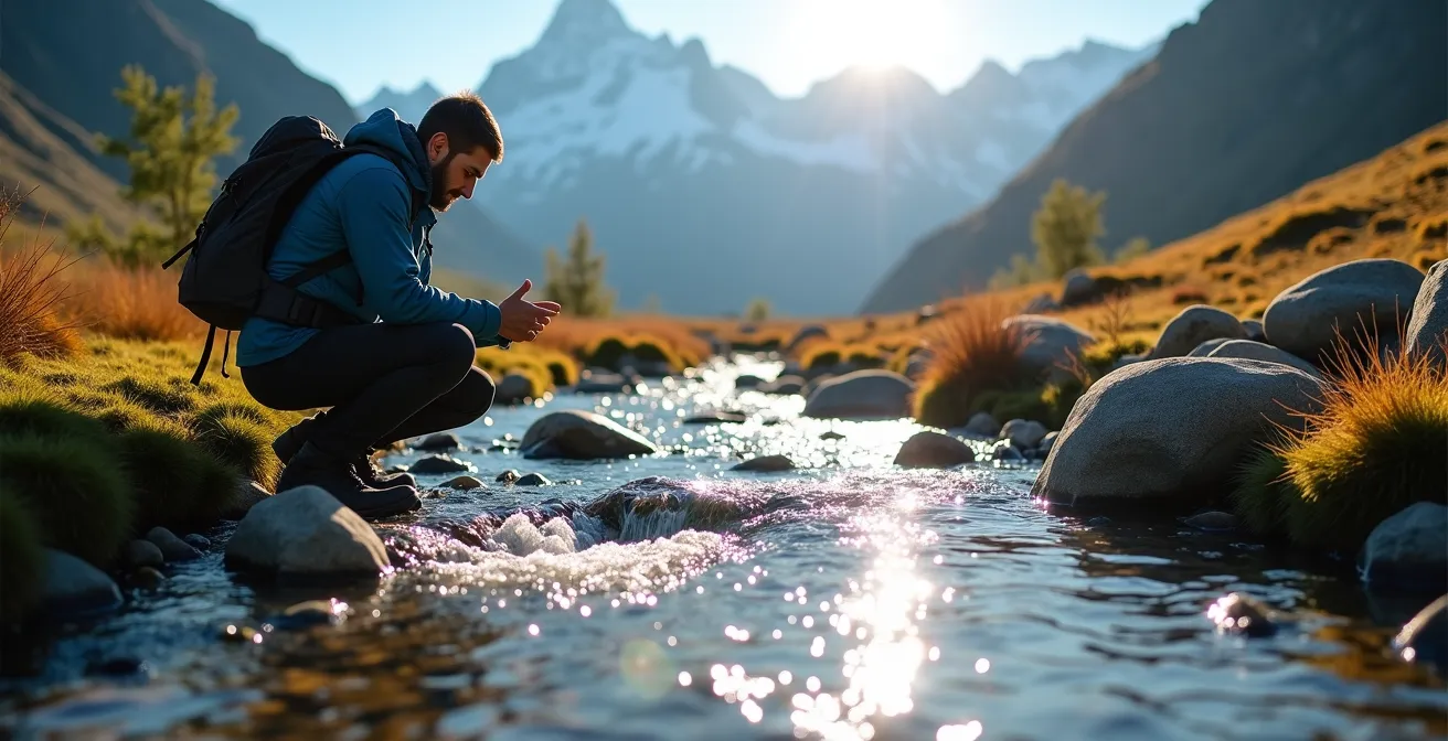 Randonneur évaluant une source d'eau en montagne dans un environnement naturel préservé