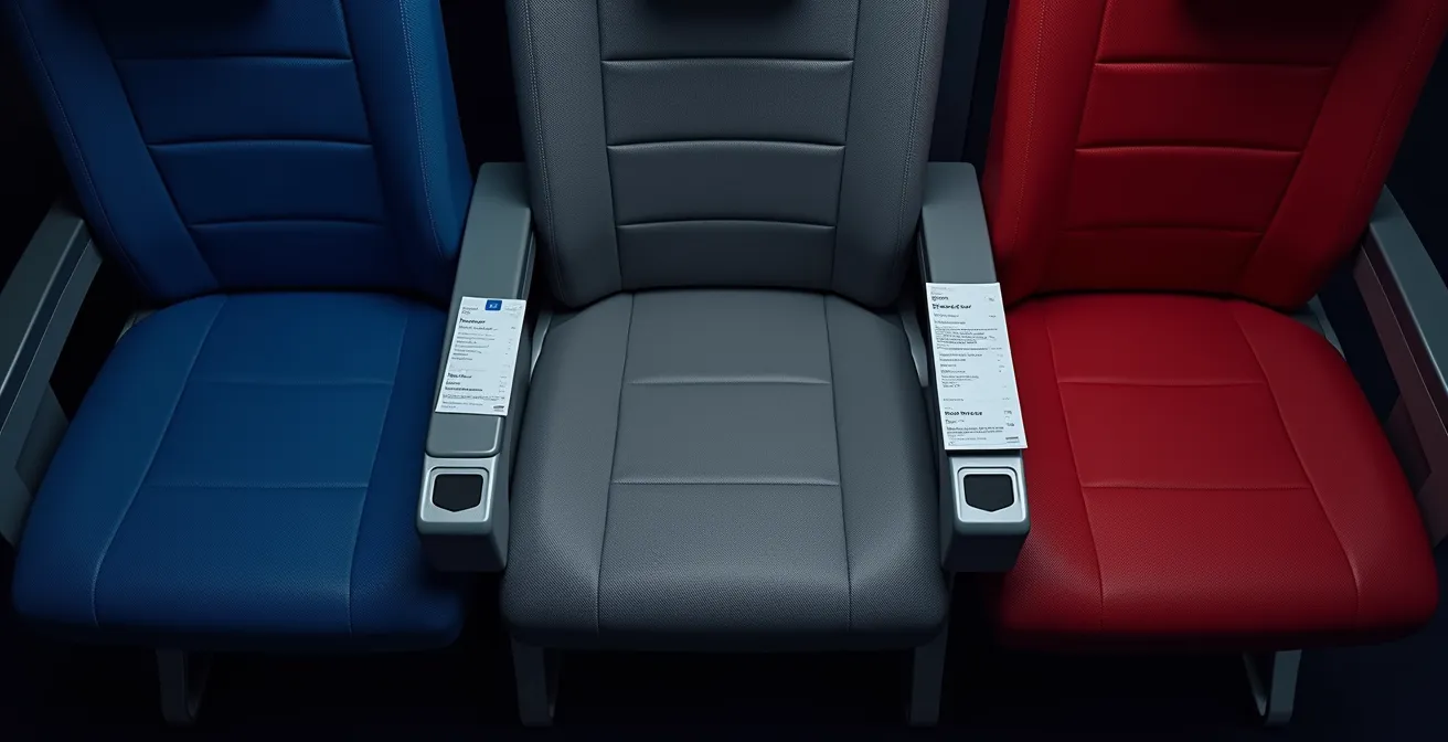 Vue aérienne stylisée de sièges d'avion montrant des passagers séparés