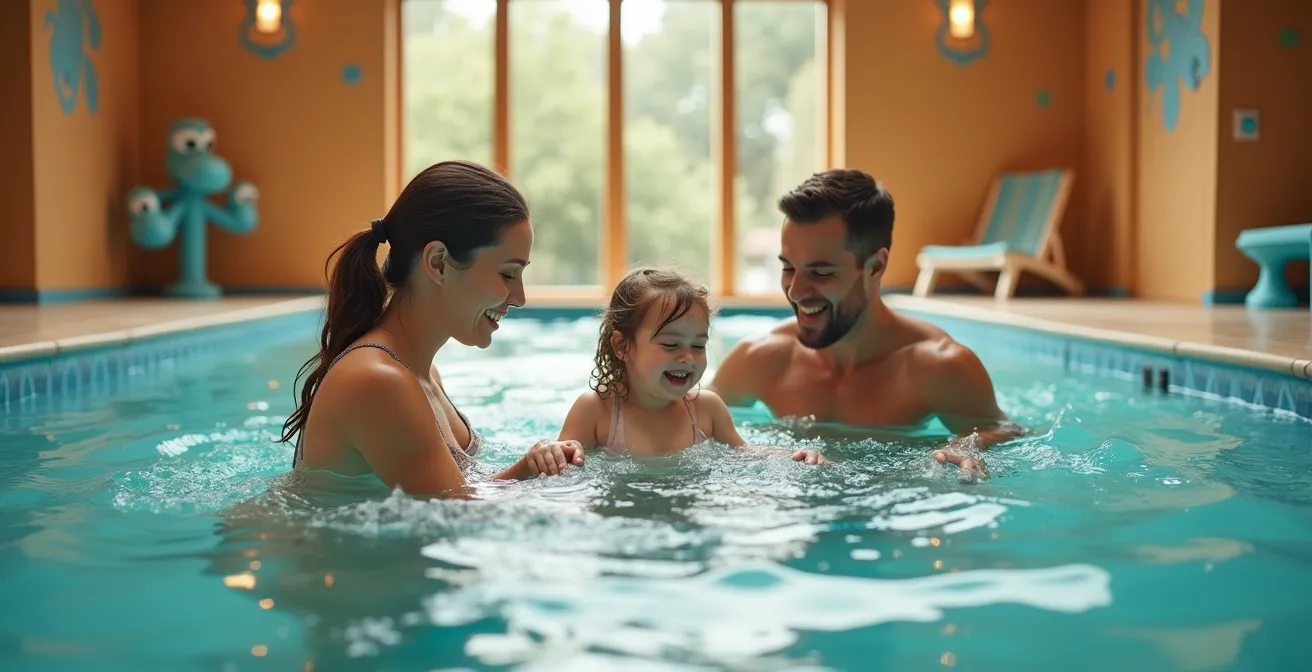 Plan moyen d'une famille avec enfants dans un espace thermal ludique séparé, avec jeux d'eau colorés et ambiance joyeuse