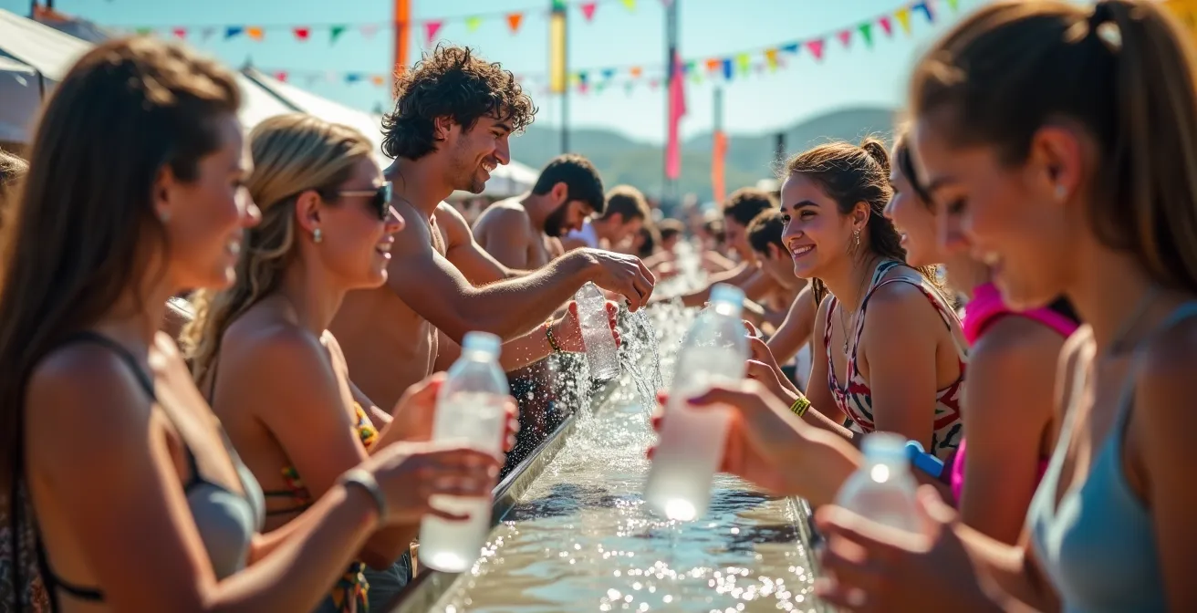 Festivaliers se rafraîchissant à un point d'eau lors d'une journée ensoleillée