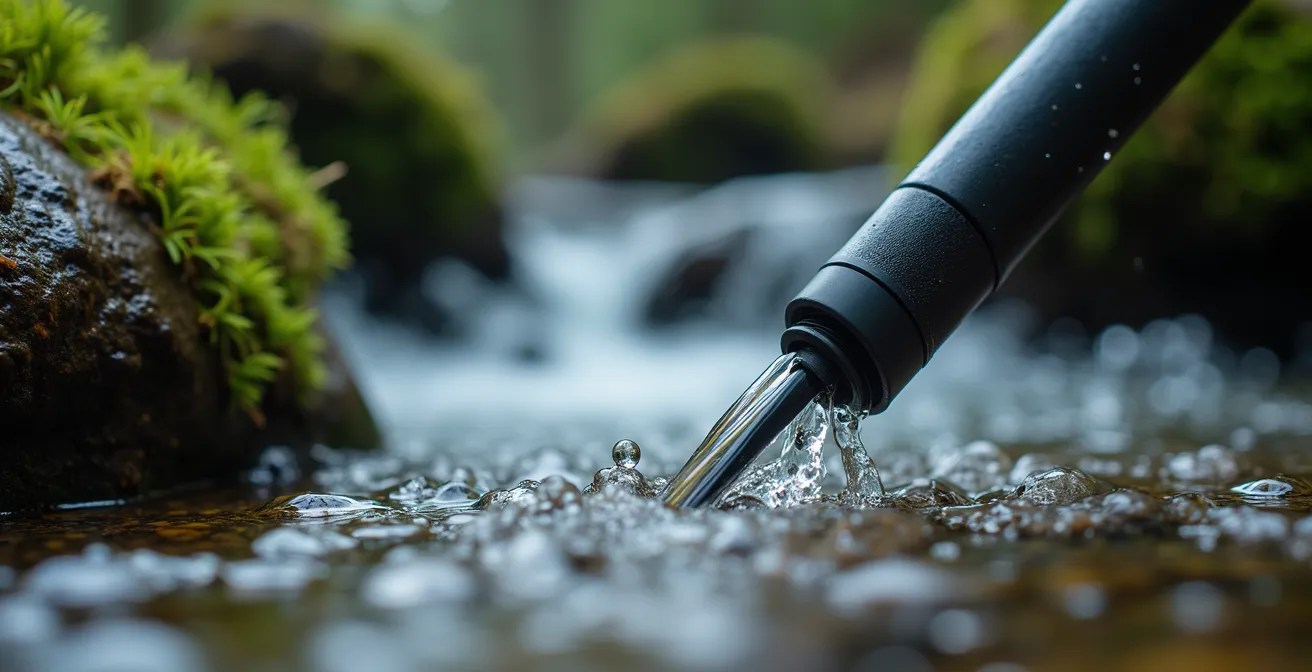 Vue macro d'une gourde filtrante plongée dans un torrent cristallin de montagne