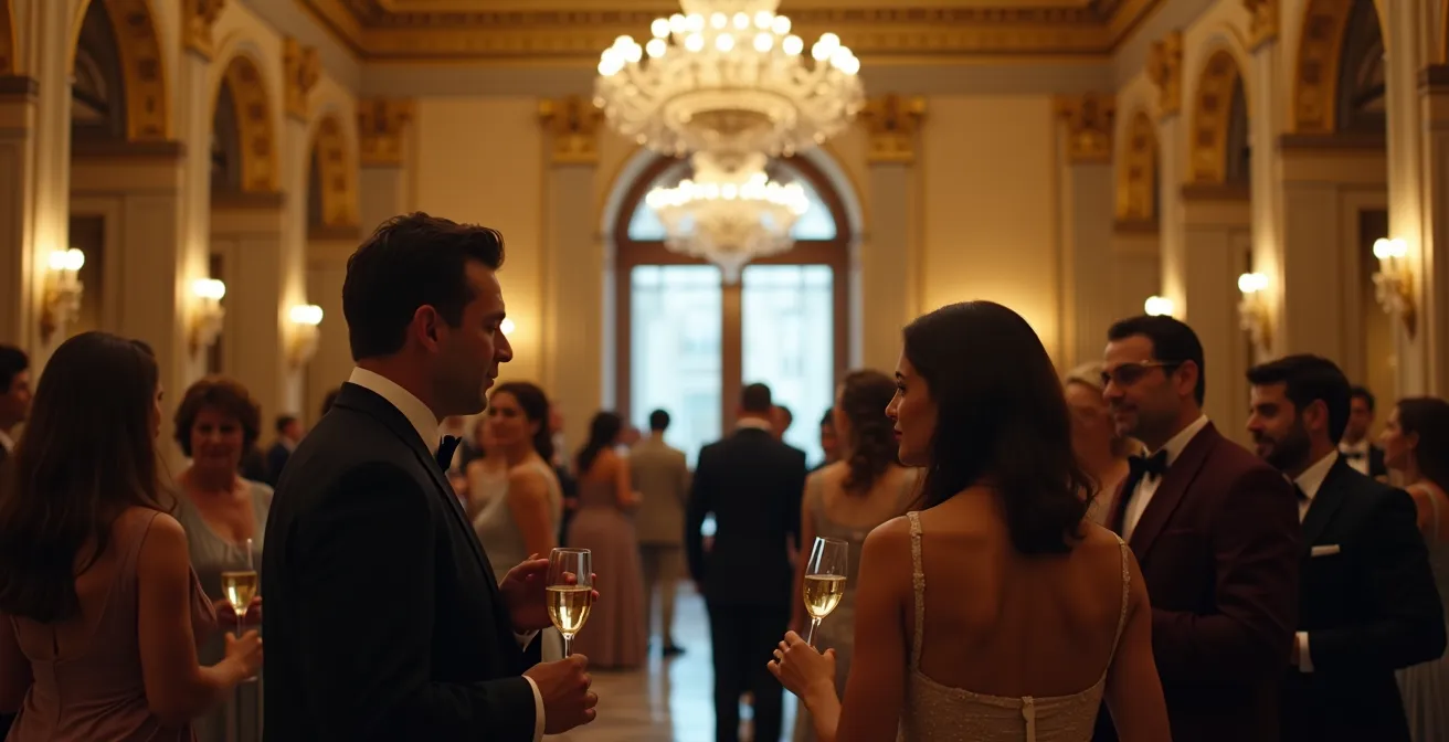 Vue large du foyer d'opéra pendant l'entracte avec spectateurs tenant des coupes, architecture baroque