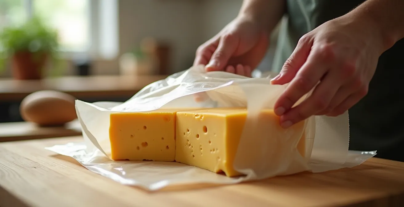 Fromage artisanal emballé sous vide avec papier sulfurisé sur une table en bois