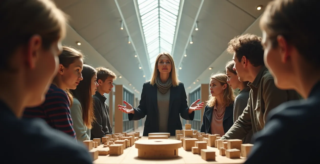 Guide touristique s'adressant à un groupe mixte d'adolescents et d'adultes avec des approches différenciées