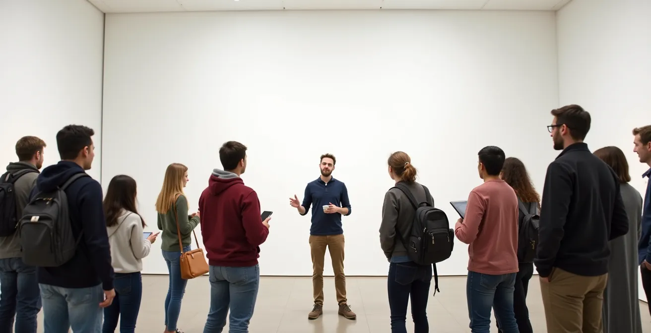 Vue large d'un guide s'adressant à un groupe diversifié dans un musée moderne, montrant différentes postures d'écoute et d'engagement