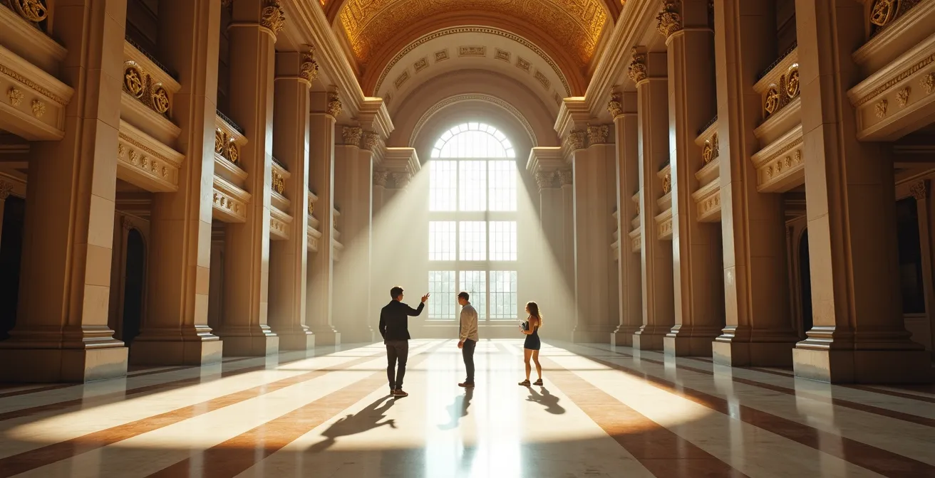 Vue minimaliste d'un grand hall d'opéra avec quelques visiteurs contemplant l'architecture majestueuse