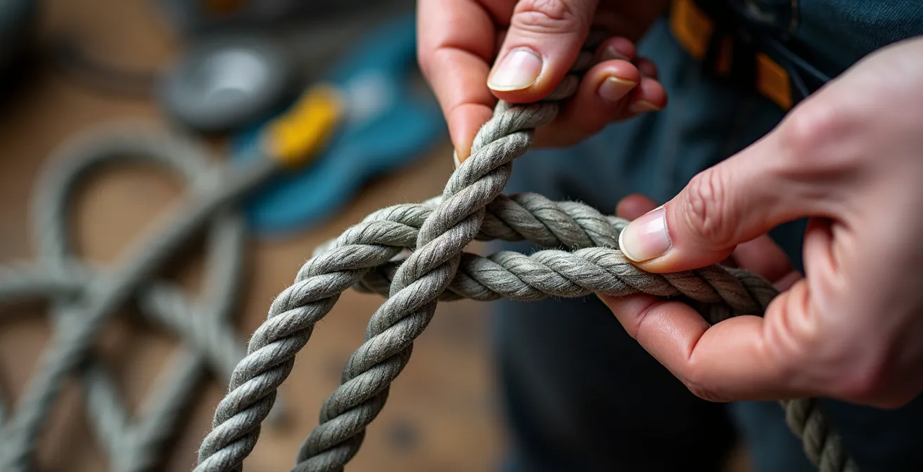 Vue macro détaillée de l'inspection d'une corde d'escalade montrant les fibres et l'usure