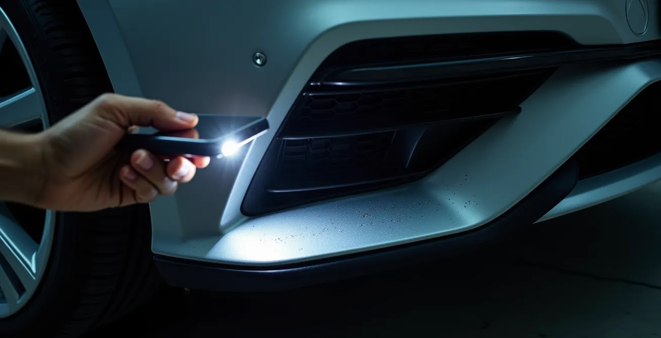 Gros plan sur l'inspection minutieuse d'un bas de caisse de voiture