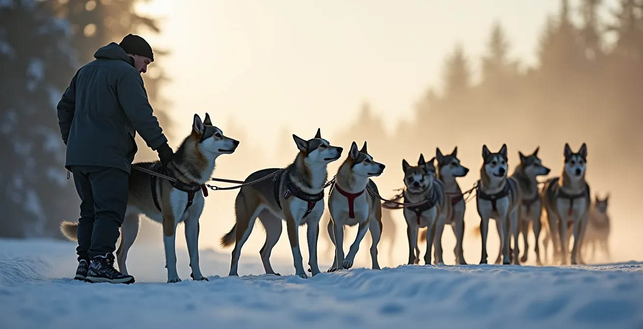 Musher préparant calmement son attelage, gestes précis et communication non-verbale avec ses chiens