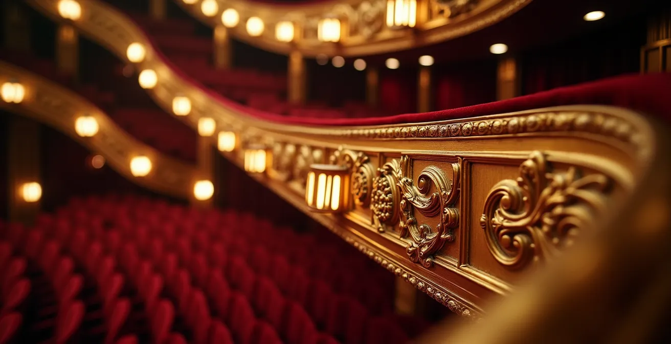 Vue intérieure majestueuse d'un opéra avec ses balcons dorés et son architecture classique