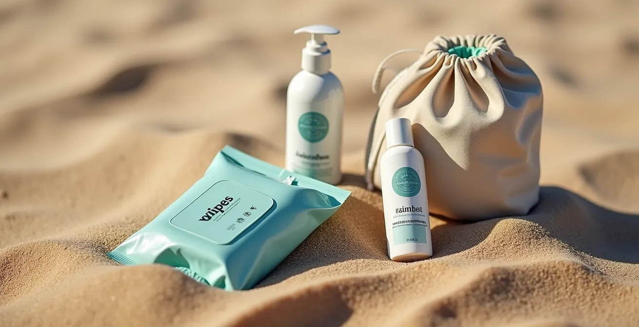 Composition macro de produits d'hygiène nomade sur texture sable avec lumière naturelle douce