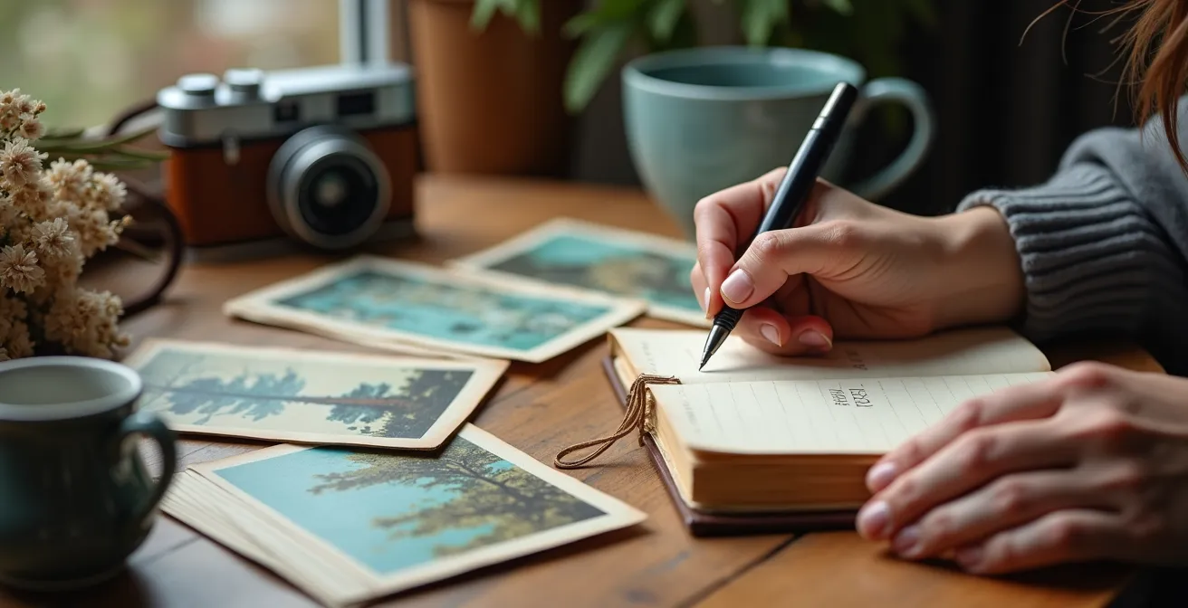 Carnet de voyage manuscrit avec photos et cartes éparpillées sur une table en bois