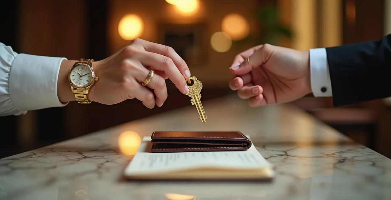 Mains échangeant une clé de chambre d'hôtel dorée sur un comptoir de marbre avec des documents flous en arrière-plan