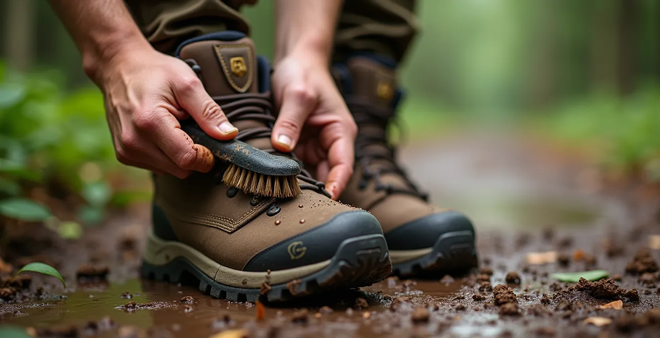 Gros plan sur des mains nettoyant des semelles de chaussures de randonnée avec une brosse.