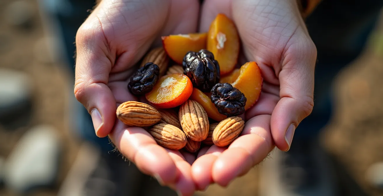 Gros plan macro sur une main tenant un mélange de fruits secs colorés avec effet de profondeur de champ