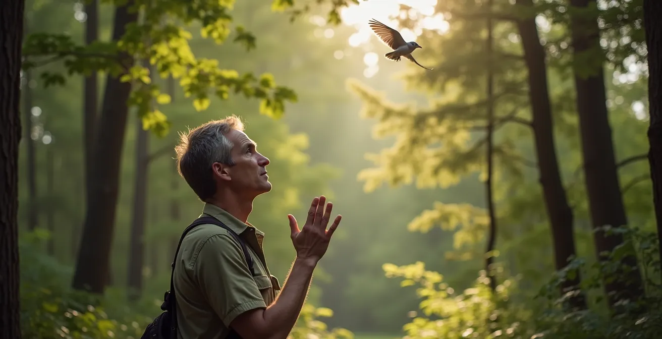 Observateur attentif aux signaux d'alarme des oiseaux en forêt