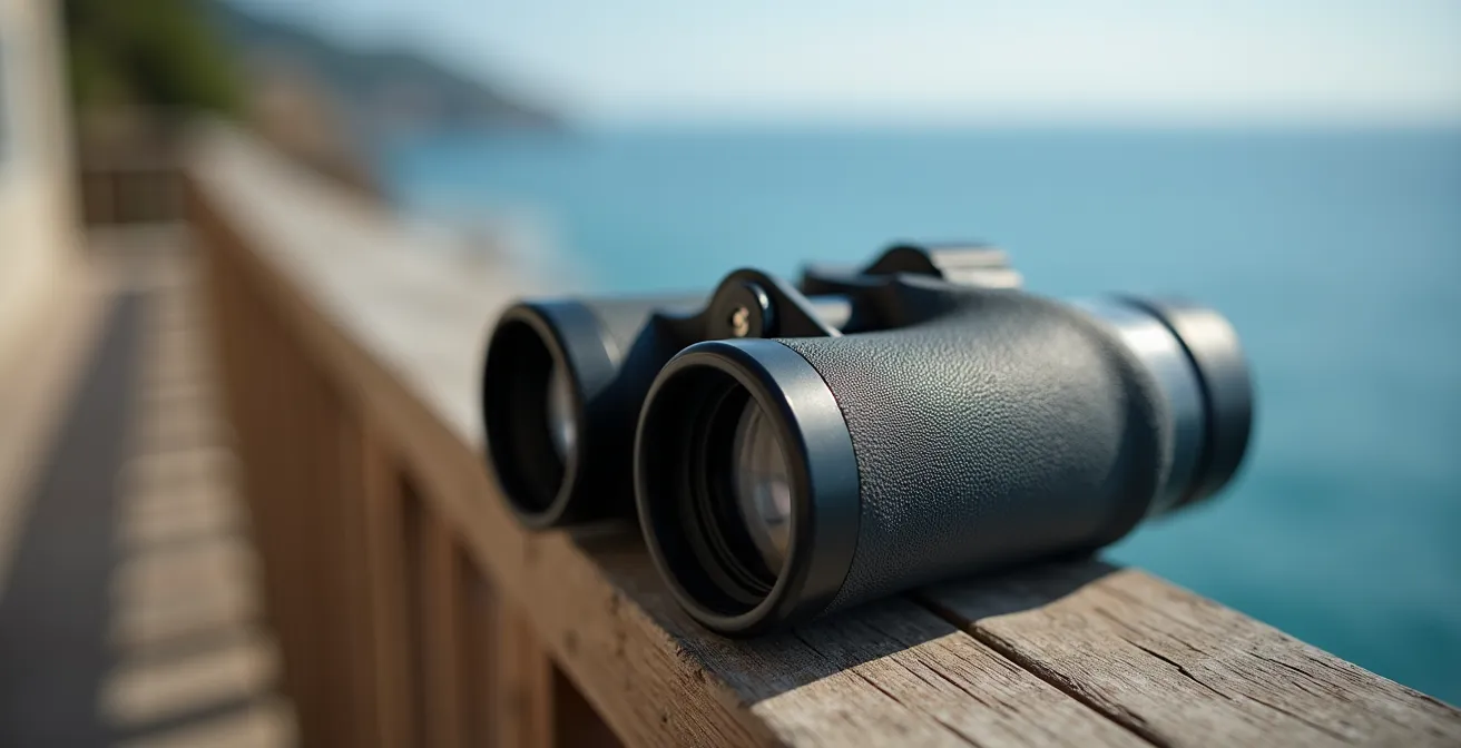 Gros plan sur des jumelles haut de gamme posées sur une rambarde avec vue floue sur l'océan