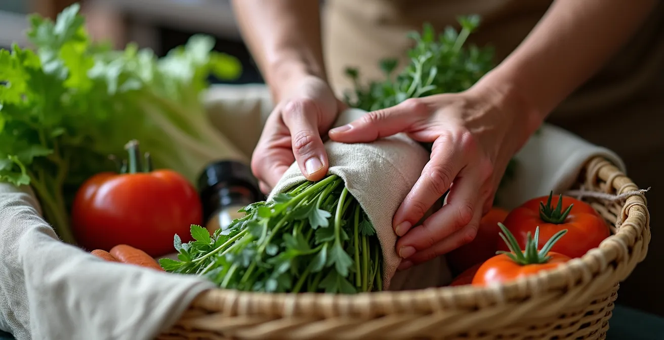 Panier en osier rempli de légumes frais enveloppés dans des linges humides traditionnels sur un comptoir de marché