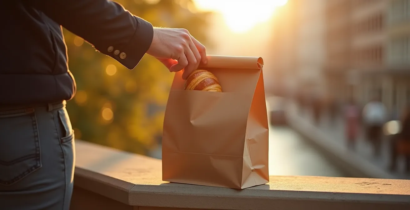 Sac de petit-déjeuner artisanal posé sur un rebord de fenêtre, avec une vue floue sur une ville au lever du soleil, symbolisant un départ matinal pour l'exploration.