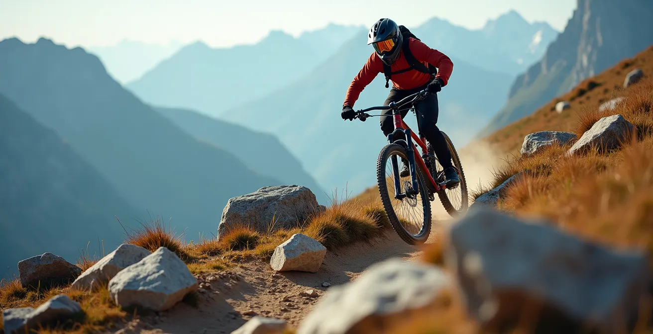 Pilote VTT franchissant un obstacle rocheux en montagne avec technique de débrayage