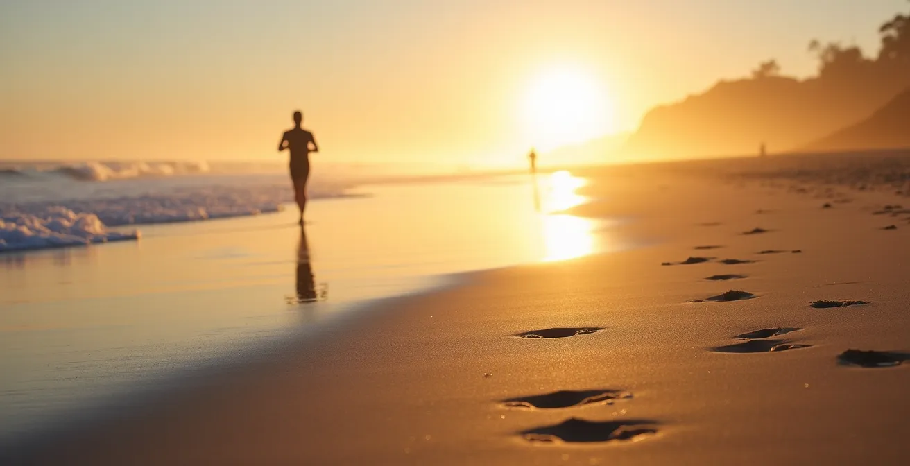Plage au lever du soleil avec empreintes d'oiseaux sur le sable humide et lumière dorée