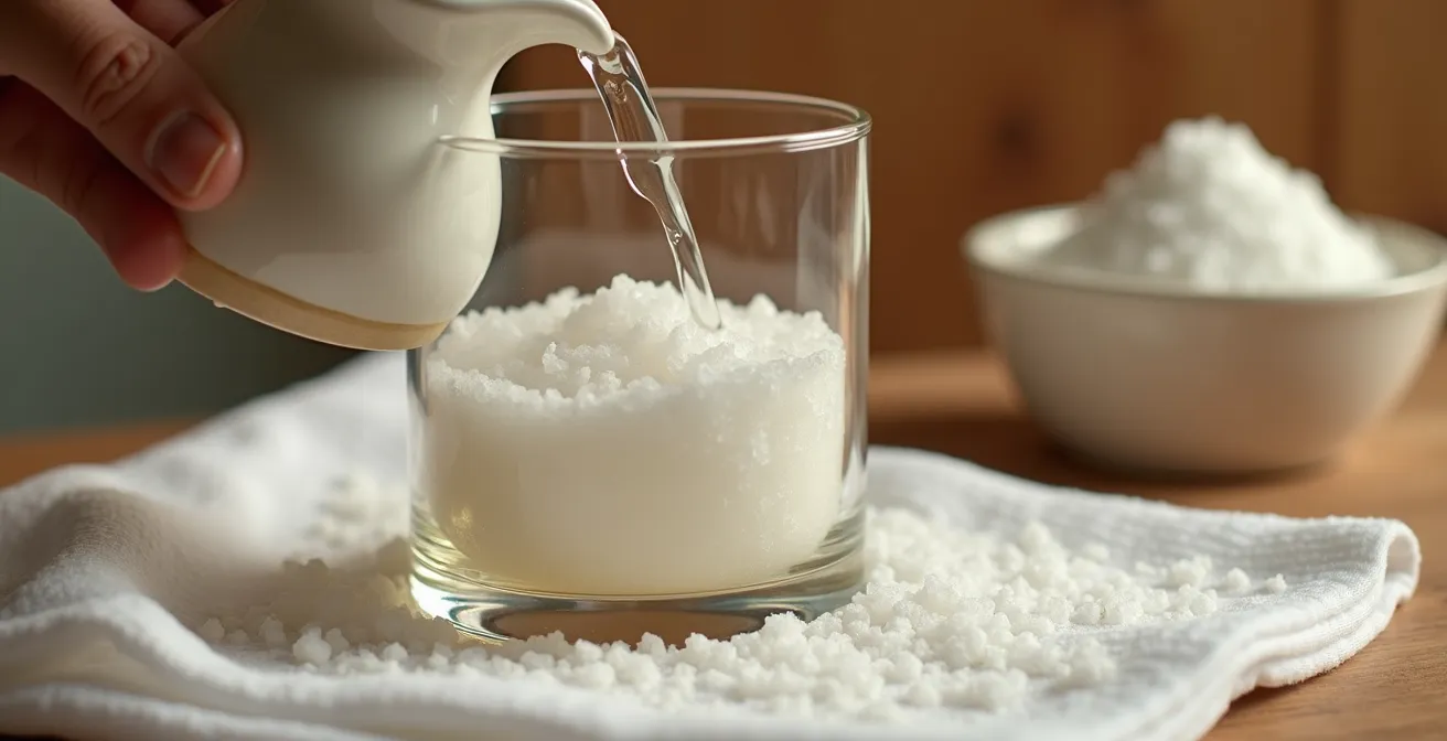 Gros plan sur une main versant de l'eau tiède dans un verre avec du sel de mer, ambiance spa épurée